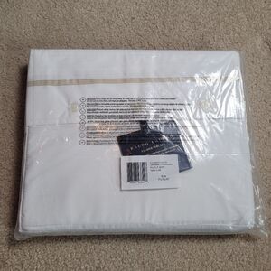 Ralph Lauren Organic Cotton Palmer Percale Full Flat Sheet White/ Sand Dune New